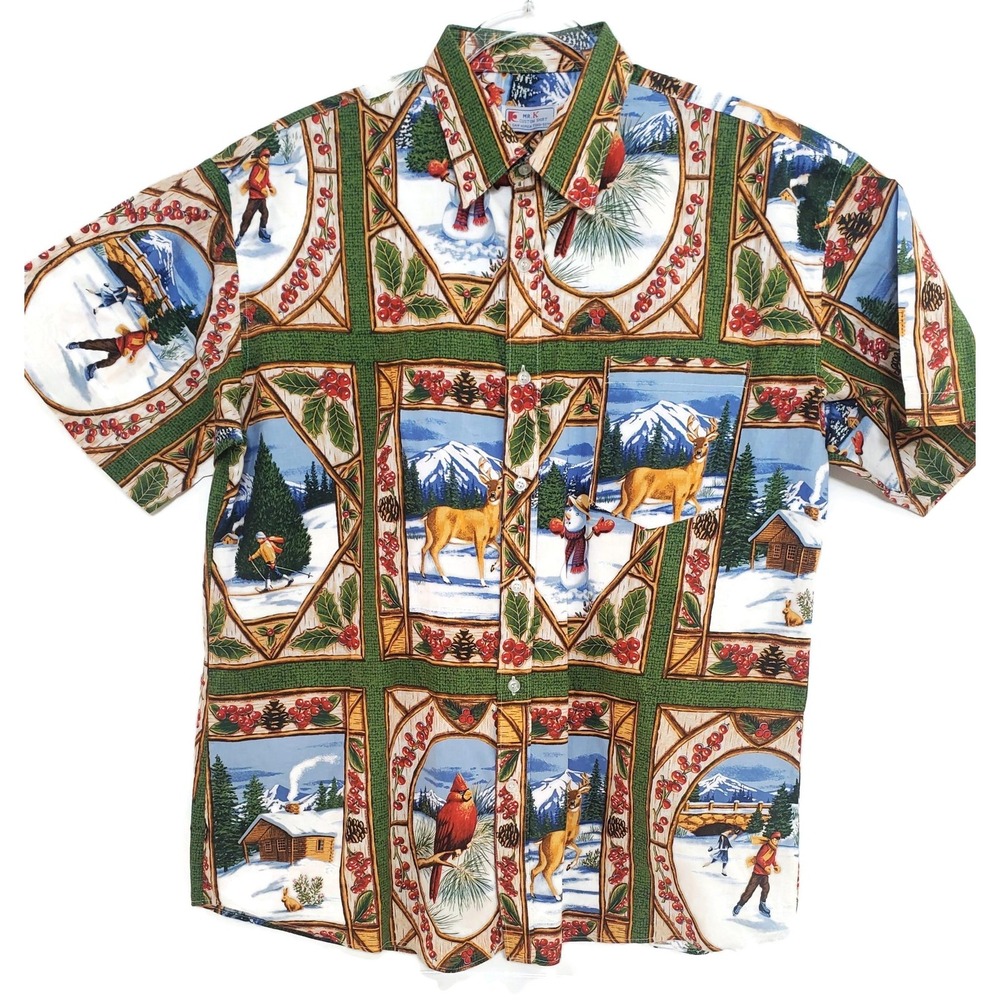 Vintage Mr. K Shirt Mens Christmas Scenic Holiday Short Sleeve Button‎ Front